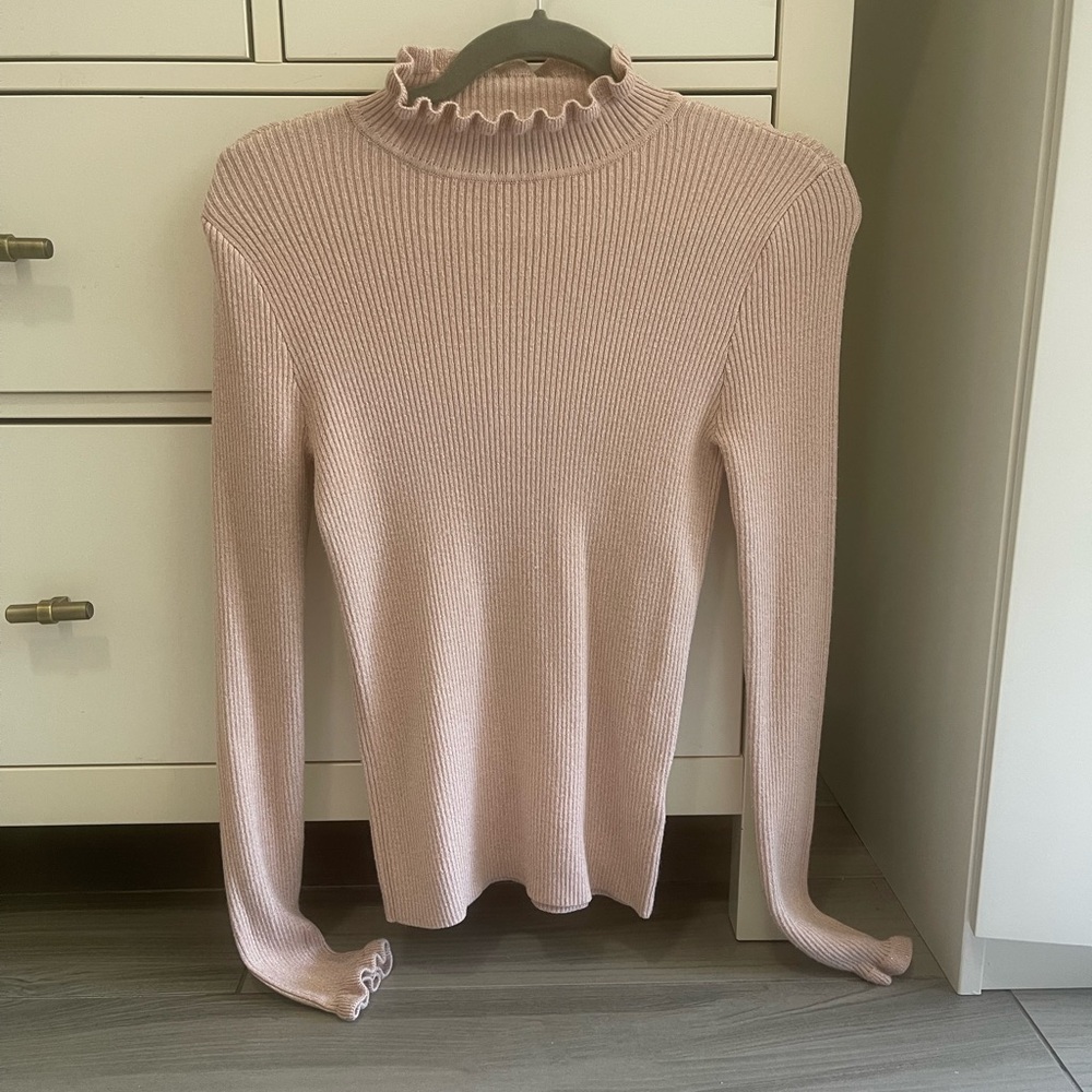 Express Blush Ribbed Top with Ruffle Neckline